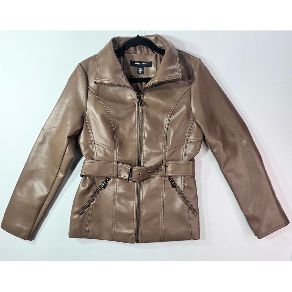 NEW Kenneth Cole New York Womens Faux Leather Belted Jacket Brown Size S